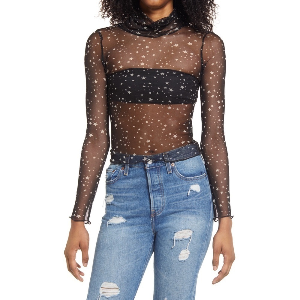 La La Land Creative Co Womens Turtleneck Stars Print Mesh Top Black Size XS